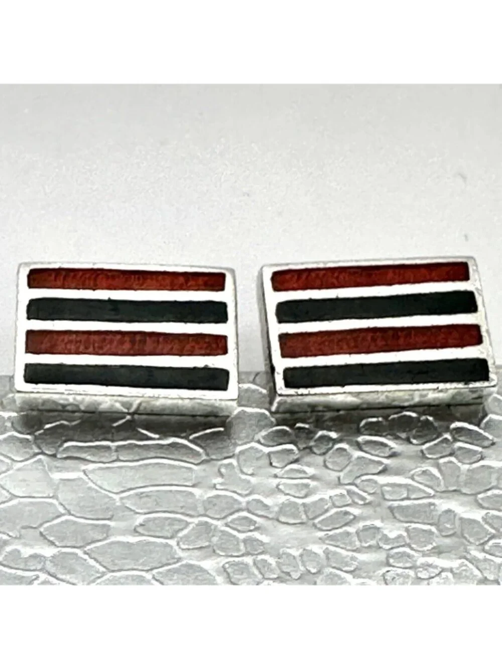 Blue Red Enamel Stripe Cufflinks Designed Signed Sterling Silver Unique Fix Back